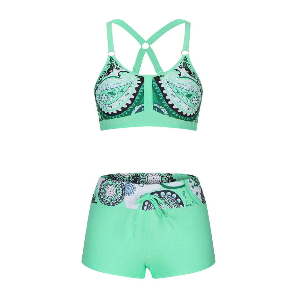 Women's printed split bikini swimsuit set in polyester fabric with floral pattern design