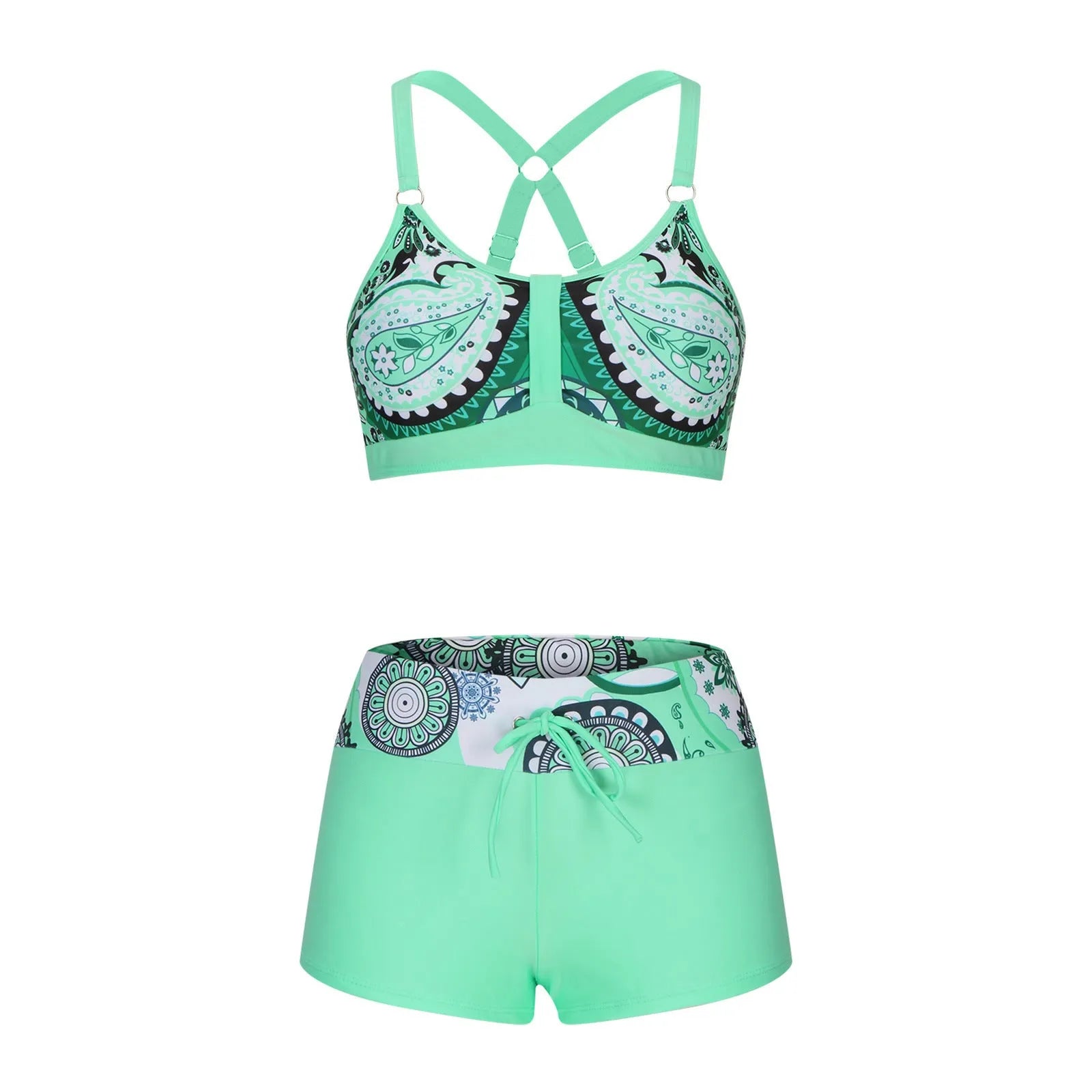 Women's printed split bikini swimsuit set in polyester fabric with floral pattern design