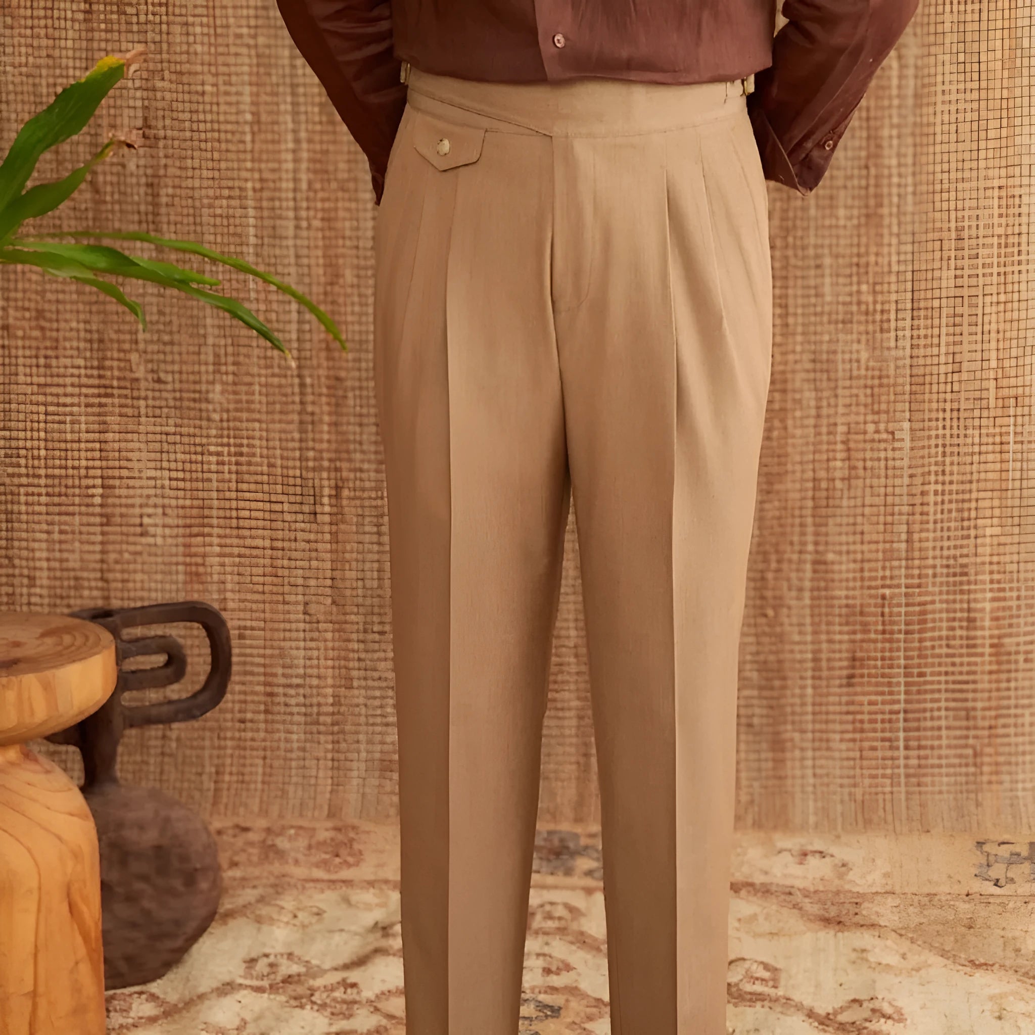 Men's slim fit straight leg business trousers in dark grey, light brown, and light apricot.