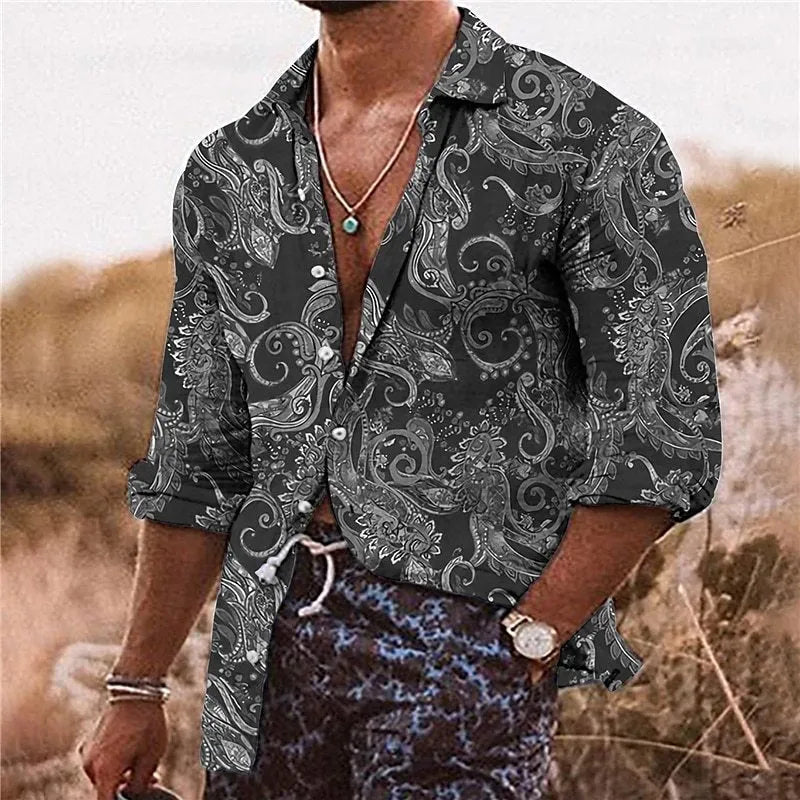 Men's loose fit long sleeve shirt with detailed 3D flower pattern digital printing on polyester fabric