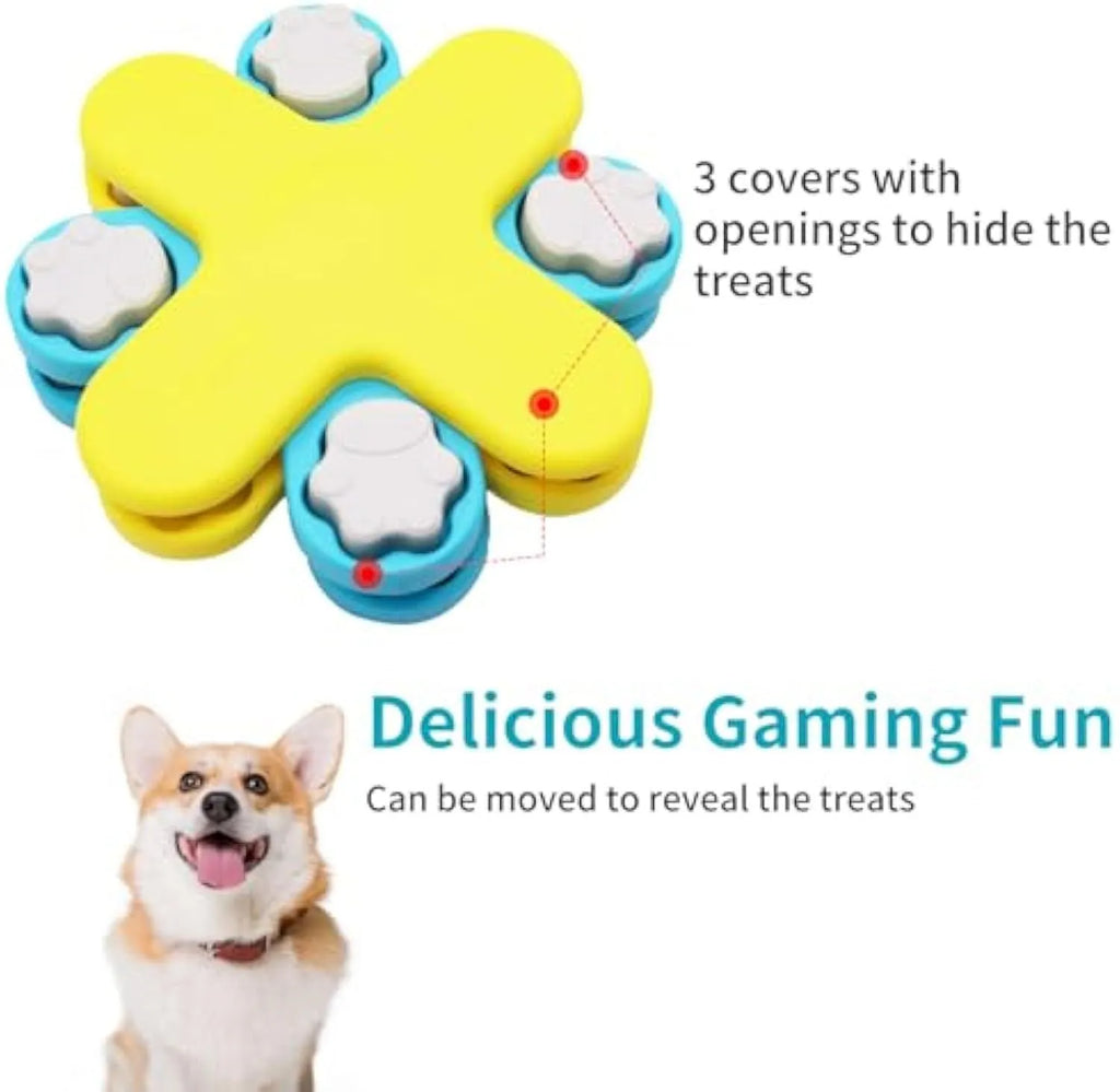 Yellow interactive dog puzzle feeder bowl with rotating lids and anti-slip base.