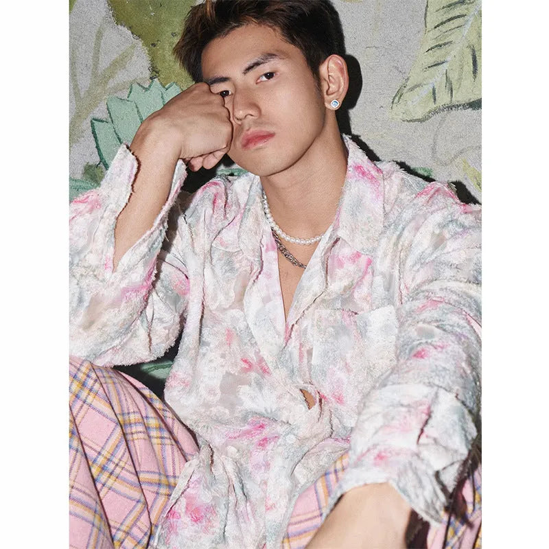 Men's floral long sleeve shirt with embossed 3D pattern in blue colour showing loose fit design