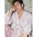 Men's floral long sleeve shirt with embossed 3D pattern in blue colour showing loose fit design