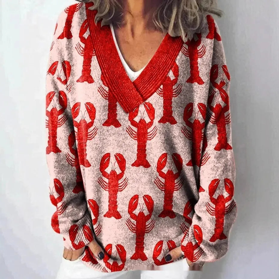 Women's retro-style V-neck sweatshirt with a 3D floral pattern print and long sleeves.