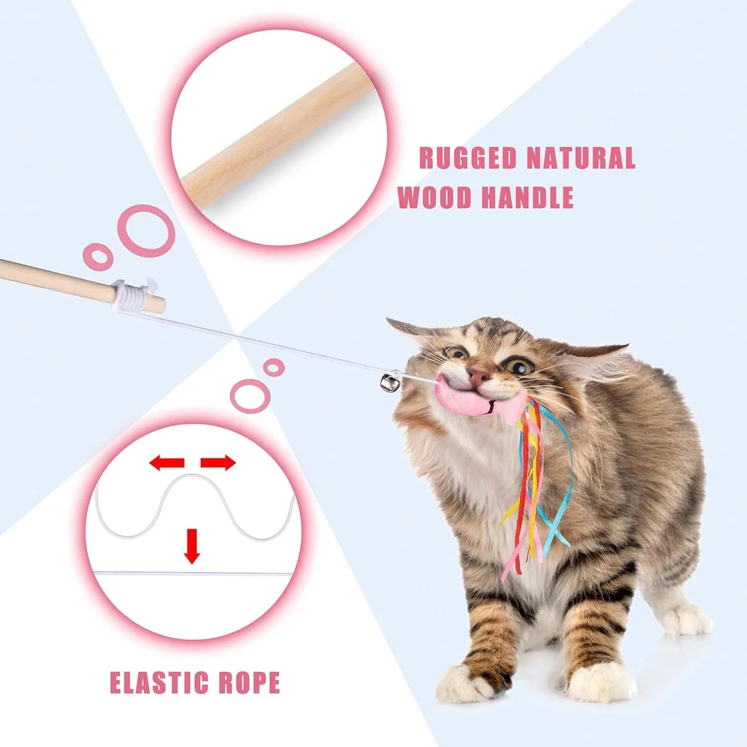Cat wand toy with colourful ribbons, catnip fish, bell, and wooden handle for interactive play