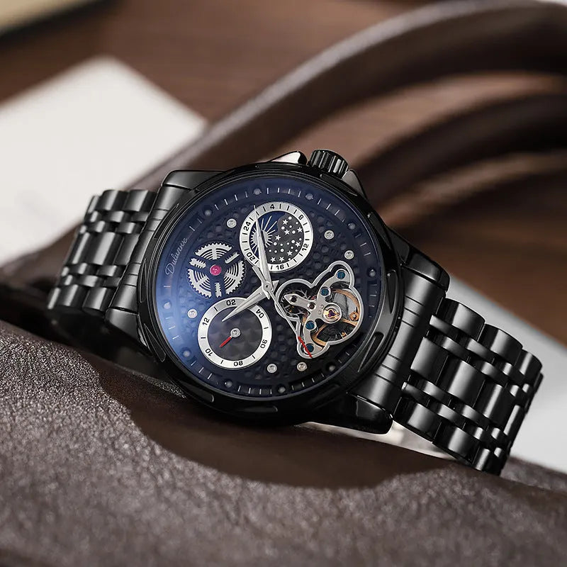 Men's black and white automatic business watch with luminous hands and waterproof construction