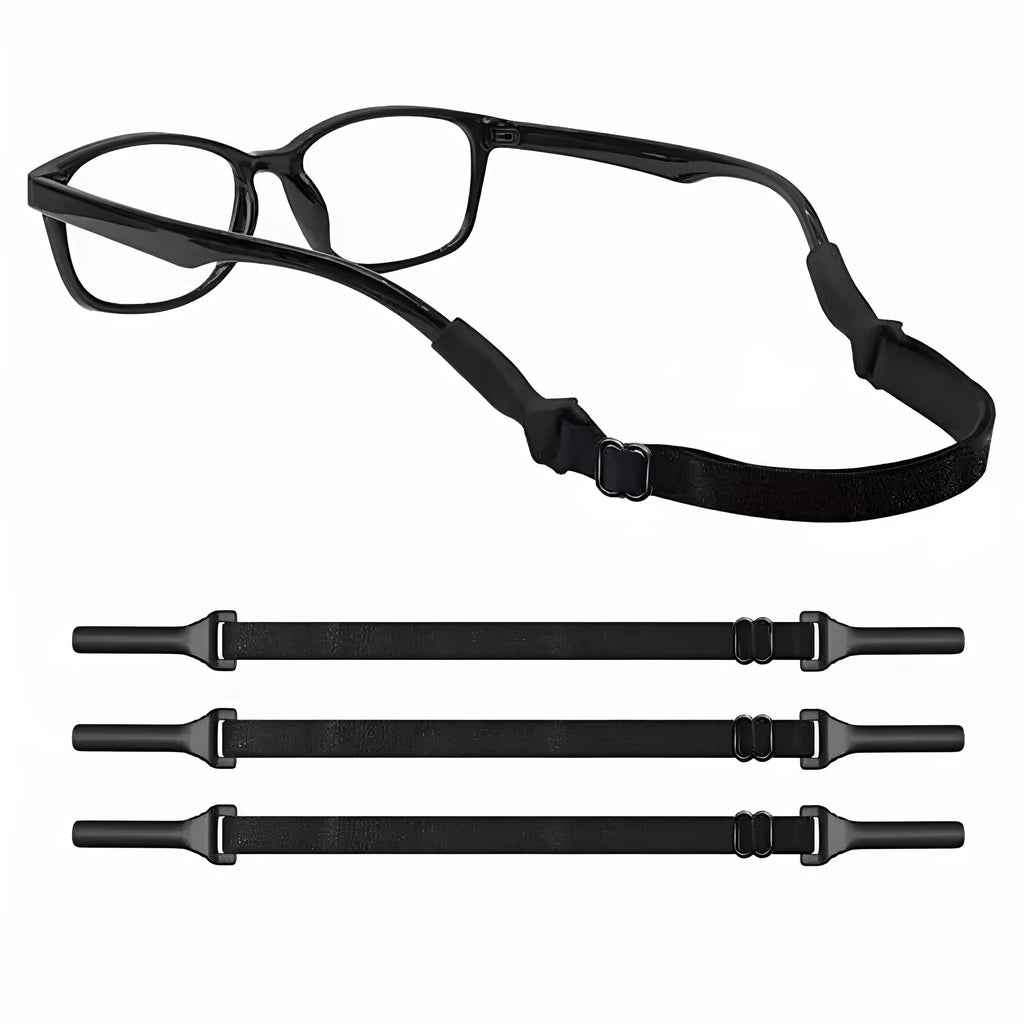 Black adjustable glasses retention cord with silicone temple hooks and fibre rope, shown in adult and children's sizes.