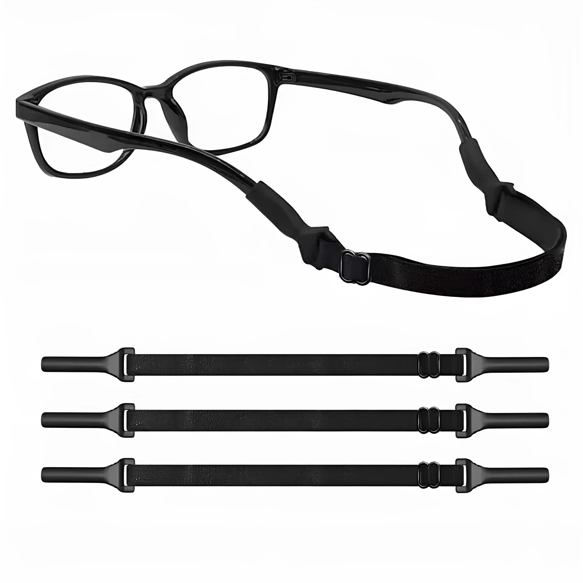 Black adjustable glasses retention cord with silicone temple hooks and fibre rope, shown in adult and children's sizes.