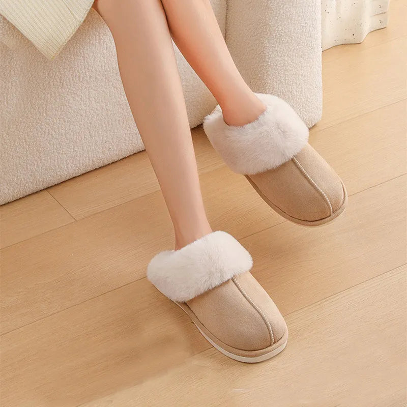 Women's brown plush indoor slippers with round toe, flat heel, and textured non-slip sole.