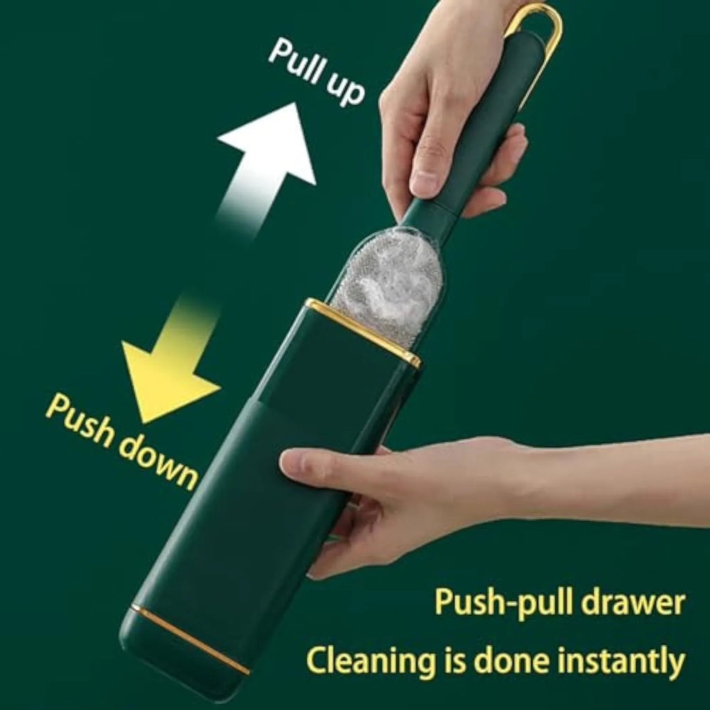 Blue, green, and white pet hair remover brush with double-sided head and storage base.