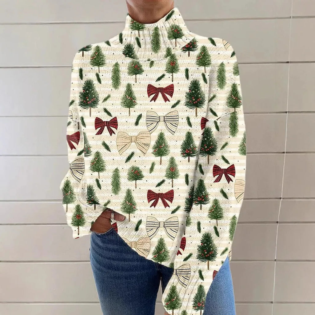 Women's Christmas printed turtleneck sweater in macaron colour with painting pattern design