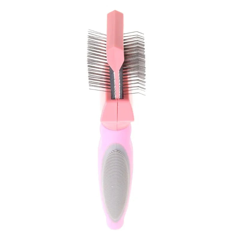 Double-sided pet brush with stainless steel pins on blue ergonomic handle