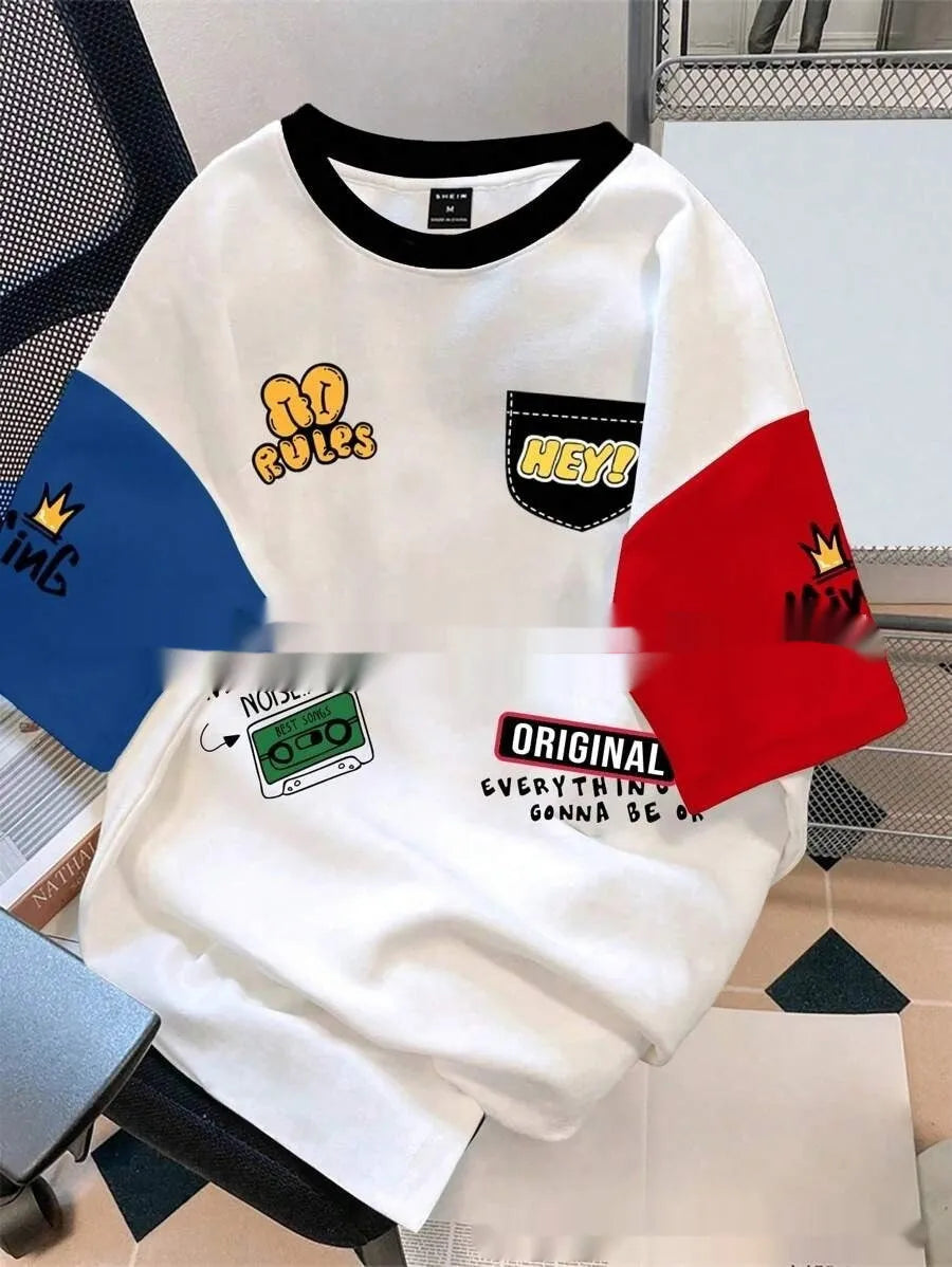Men's loose-fit printed short-sleeve t-shirt on a model, showing letter pattern detail and casual styling.