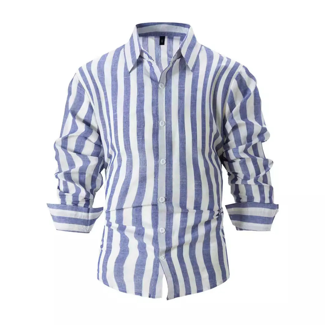 Men's yarn-dyed striped casual shirt in British cardigan style with loose fit and long sleeves