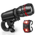 Bicycle headlight and red taillight set with metal handlebar mounting bracket on a white background.