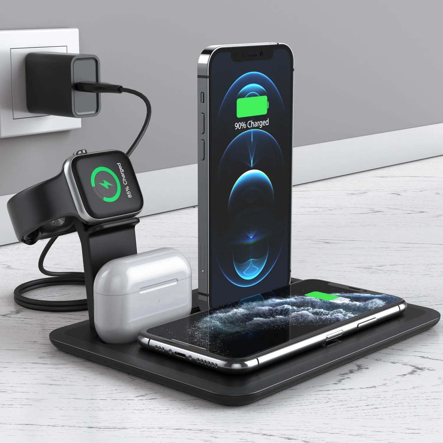Wireless desktop charger with phone bracket showing watch and headphone charging ports in black finish