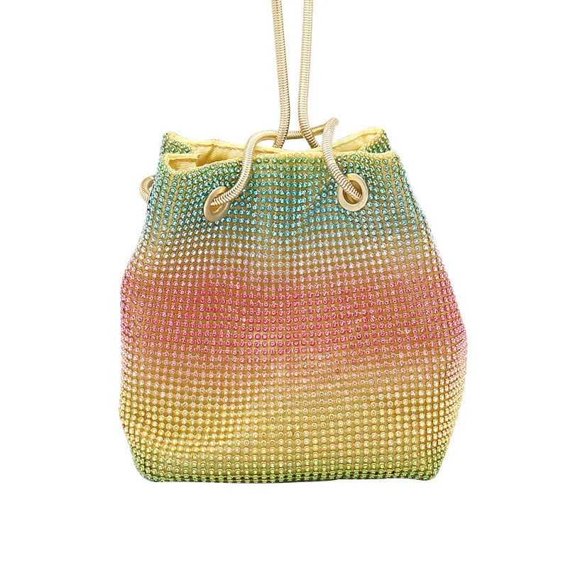 Rainbow iridescent rhinestone fabric bucket bag with soft texture