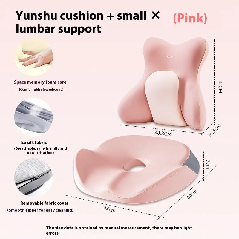 Ergonomic memory foam lumbar support pillow with removable cover in solid colour.
