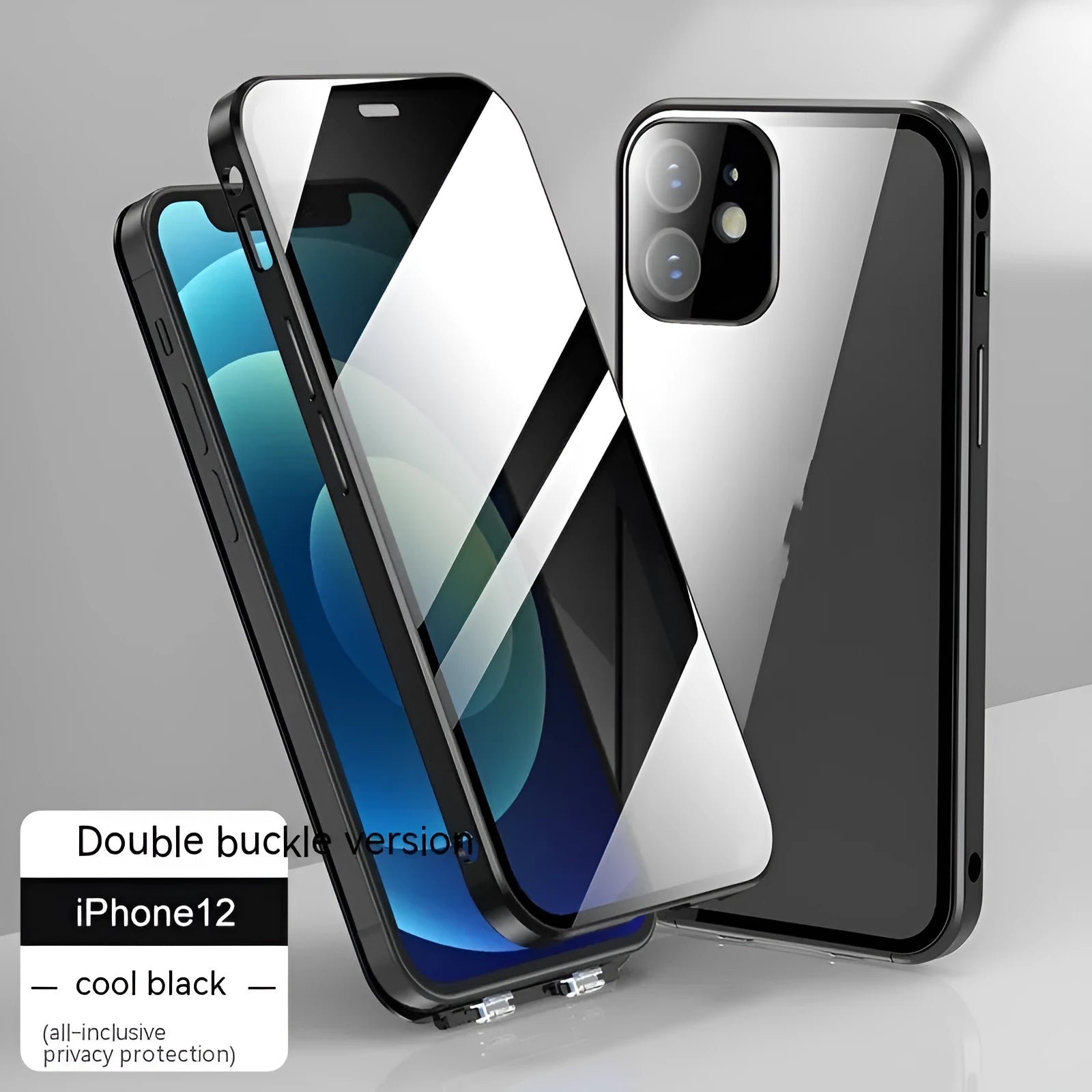 Glass privacy phone case with a double-sided buckle shown in multiple colours for iPhone models.