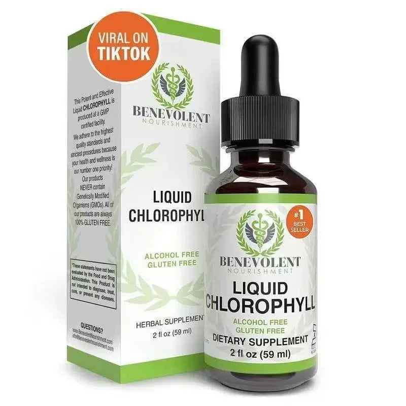 60ml glass bottle of chlorophyll liquid drops with a dropper for dietary supplementation.