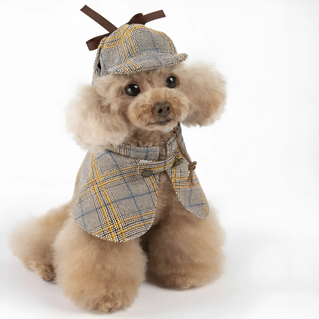 Camel coloured cotton pet cloak with adjustable hat shown in multiple sizes