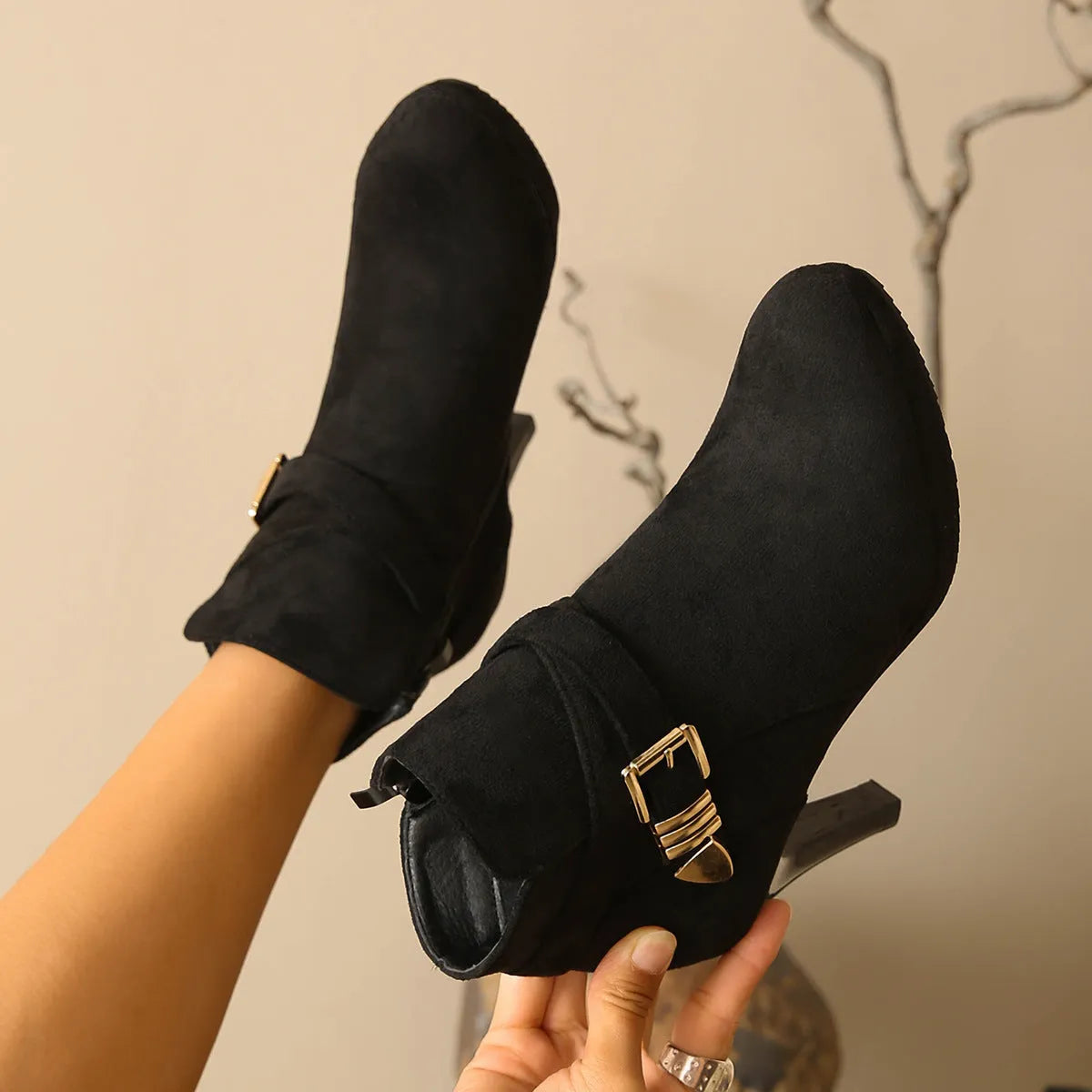 Stiletto women's plus size boots in black, suede upper, stiletto heel, round toe