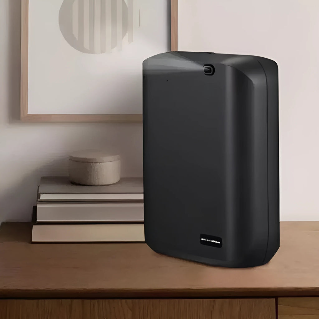 White HVAC wall mount essential oil diffuser with 150ml tank and smart app control mounted on wall