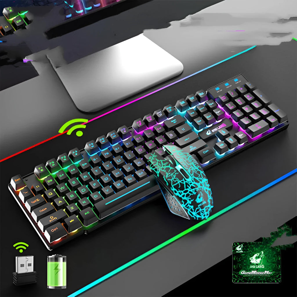 T3 wireless keyboard and mouse set showing black rainbow light backlit variant with USB receivers