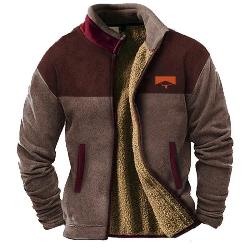 Men's green polyester fleece padded coat shown on a hanger, regular length.