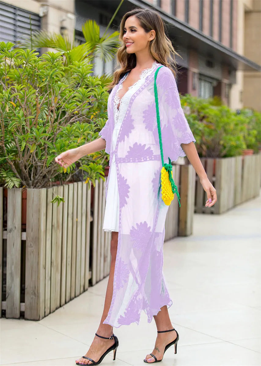 Light purple lace embroidery beach cardigan dress for women, free size with cotton lining.