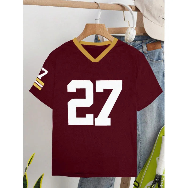 Men's red loose-fit cotton t-shirt with black digital letter print pattern on front