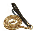 Stainless steel Cuban link chain dog hand holding rope with black leather handle