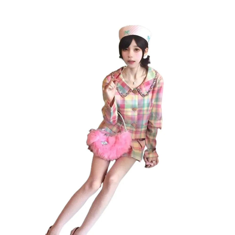 Women's high waist slimming pleated skirt suit set with cashmere long sleeve coat and cap skirt