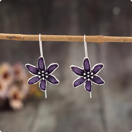 Purple flower earrings with alloy electroplated construction and floral design jewellery
