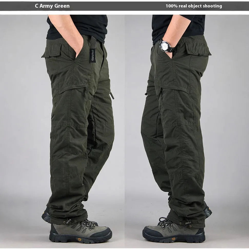 Men's stone-washed cotton overalls with thick padding and velvet lining in khaki colour.