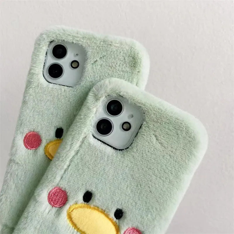 Plush TPU phone case for iPhone 15 Pro with cute duck design in plush vertical duck colour