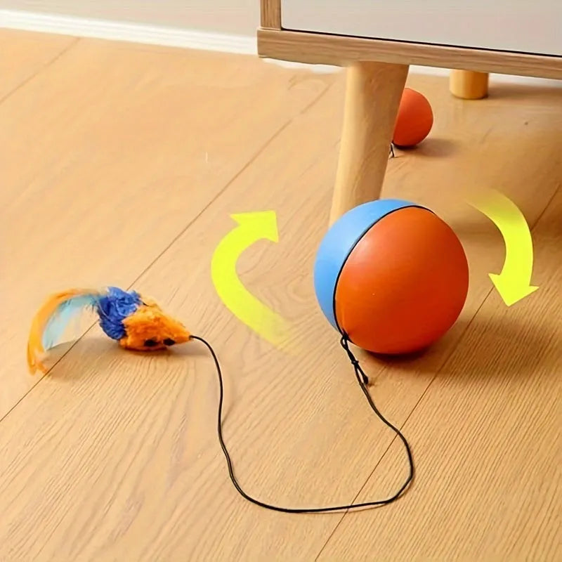 Interactive cat toy with grey and orange plush mouse, ball, and feather tail for feline exercise