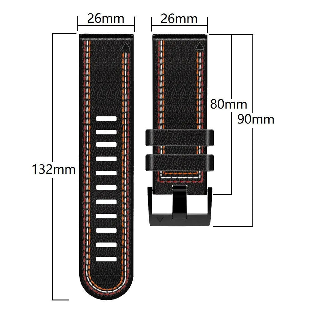 Quick release silicone leather watchband for Garmin Fenix smartwatch in black.