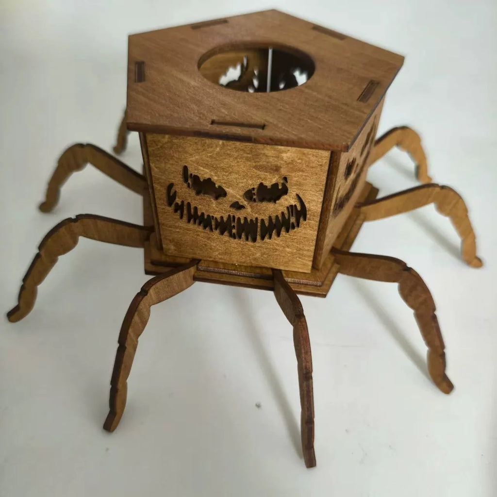 Wooden spider silhouette lantern candlestick Halloween decoration measuring 21cm by 8.5cm