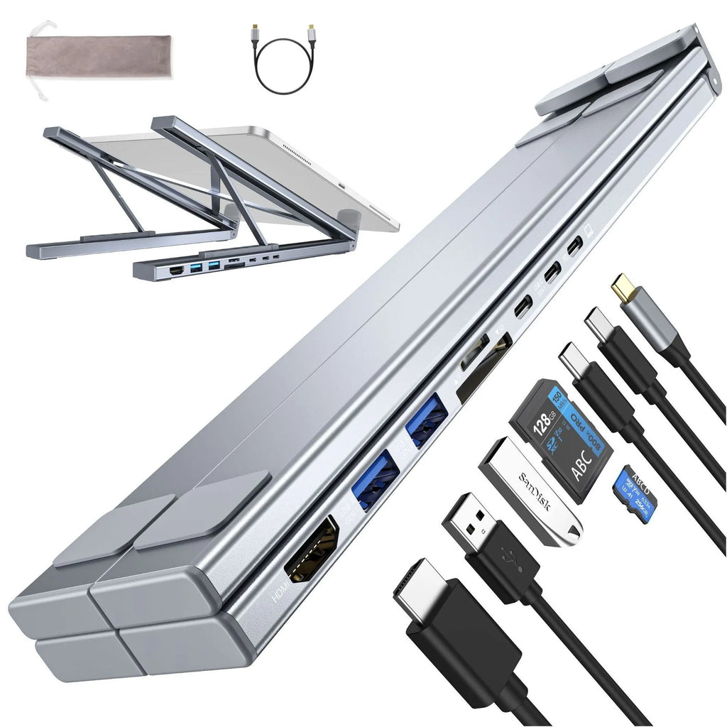 Aluminium alloy folding laptop docking station with 8-in-1 multi-interface hub showing compact design