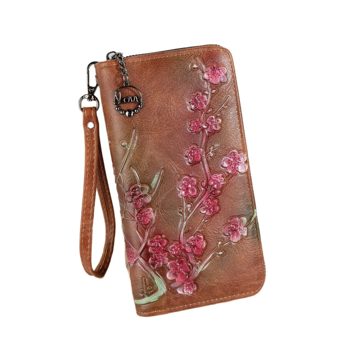 Embossed floral pattern handbag with hand-painted Chinese style zip closure in black, brown, or coffee brown colour