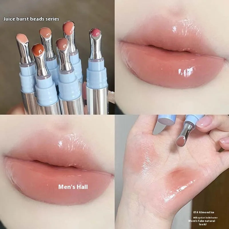 Mirror Water Light Lip Gloss Lipstick in six ice colours shown in a case measuring 12.9cm.