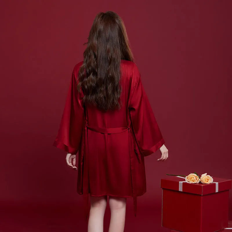 Red ice silk matching wedding sleepwear set for men and women with long sleeves and trousers