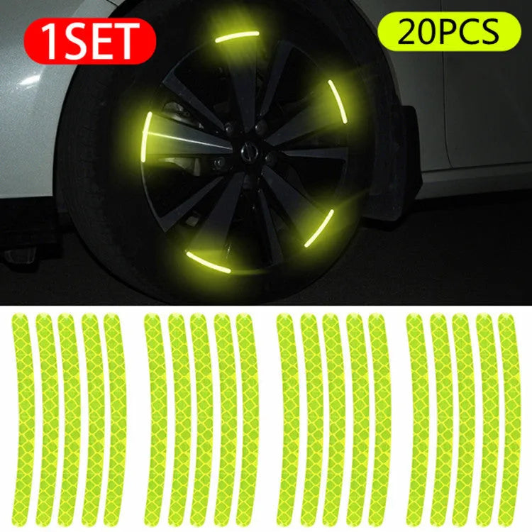 20-piece pack of multicoloured reflective PVC stickers for car and bicycle wheel hubs.