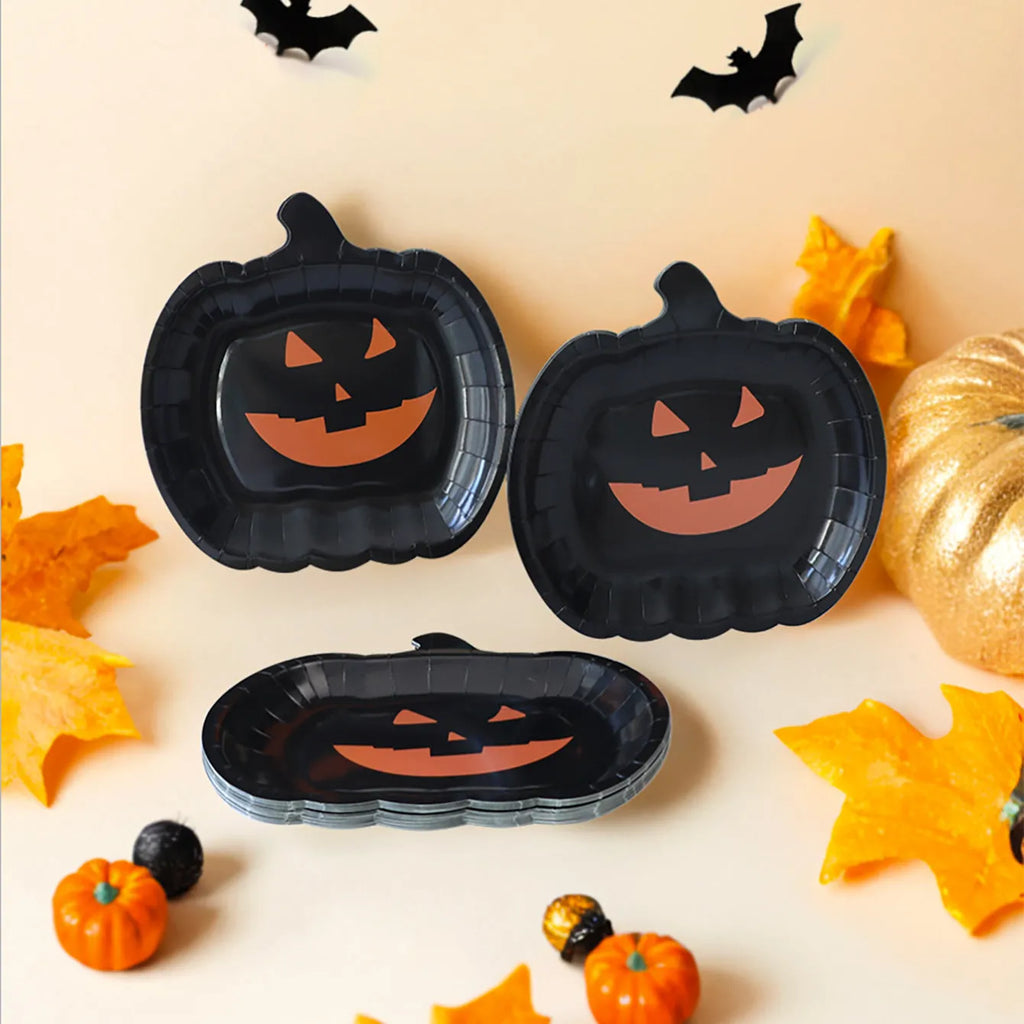 Black Halloween pumpkin design on 9-inch disposable paper plate