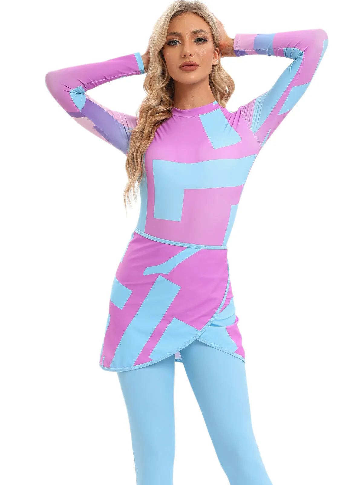Conservative Muslim swimsuit three-piece set with a matching apron in a blue colour.