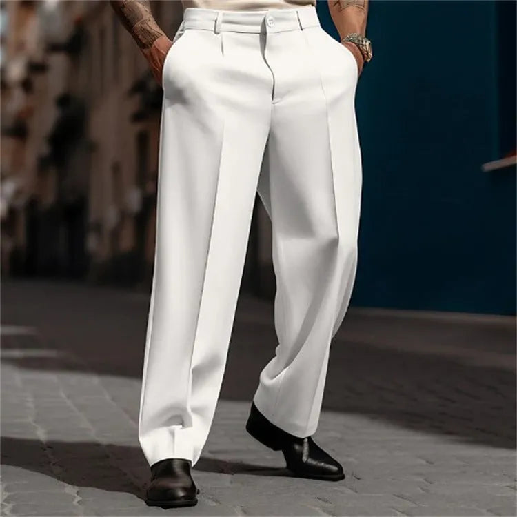 Men's straight-leg suit pants in solid colour with diagonal pockets, cotton-polyester blend, available in multiple colours