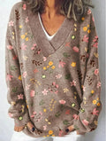 Women's retro-style V-neck sweatshirt with a 3D floral pattern print and long sleeves.