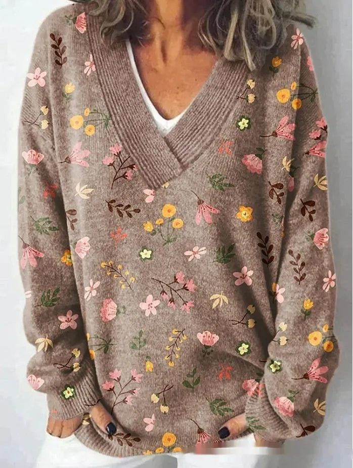 Women's retro-style V-neck sweatshirt with a 3D floral pattern print and long sleeves.
