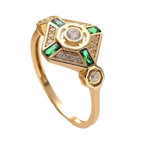 Square geometric women's emerald diamond ring with electroplated lvzuan colour finish